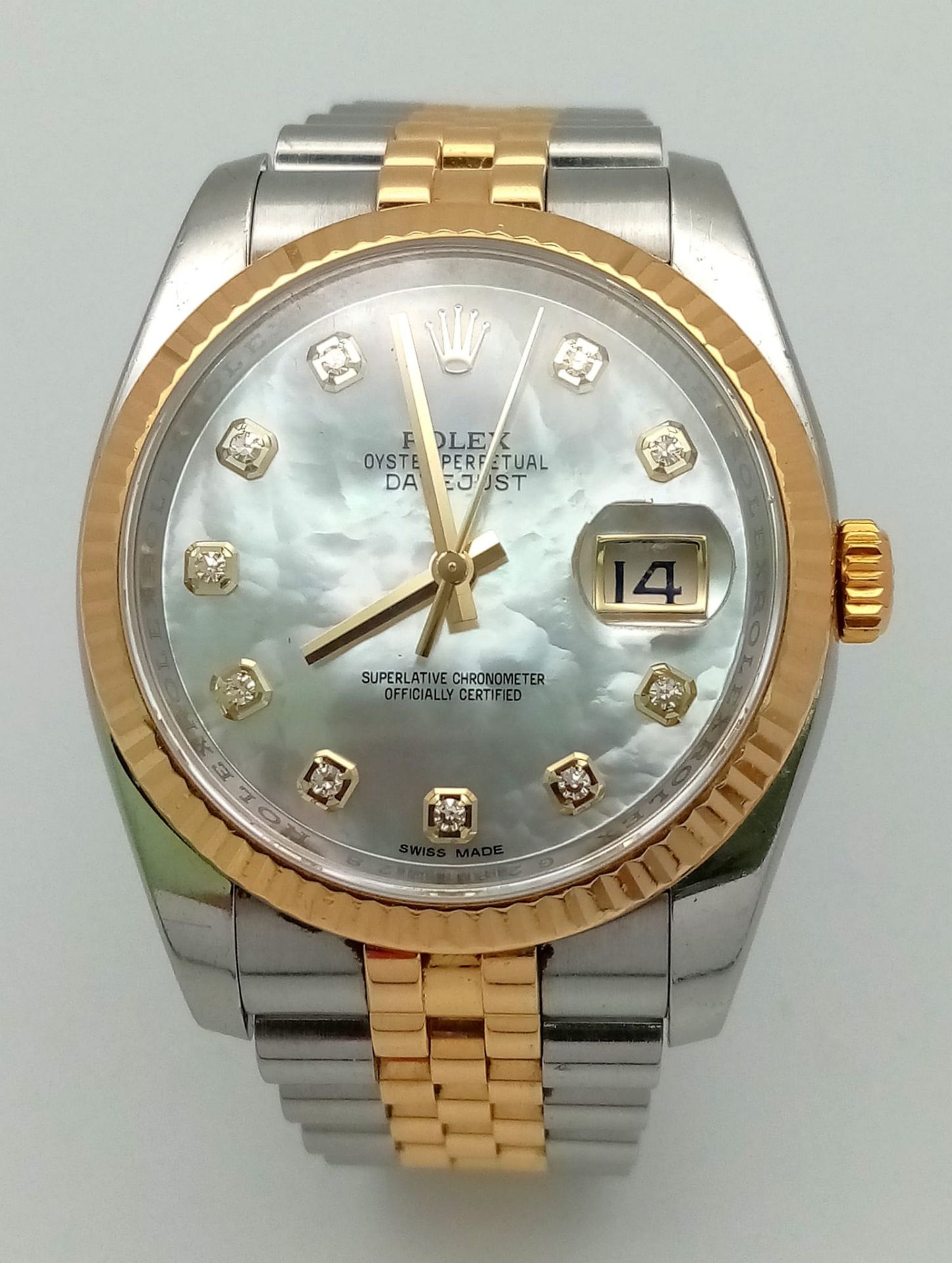 A Rolex Bi-Metal Oyster Perpetual Datejust Ladies Watch. Bi-metal strap and case - 37mm. Mother of