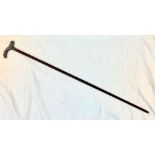 An Antique Irish Fiddleback Mahogany Walking Stick with Decorative Silver Handle. 90cm total length.