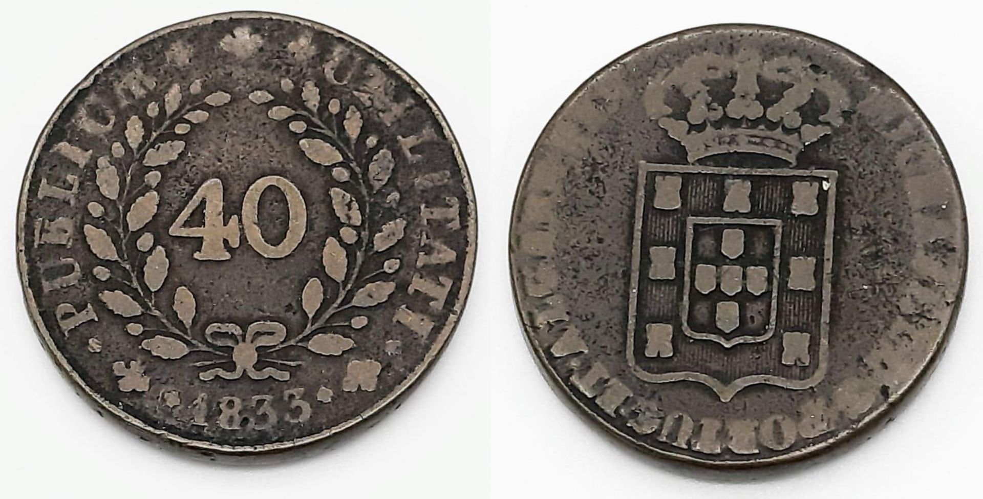 An 1833 Portuguese 40 Reis Bronze Coin - Please see photos for conditions.