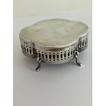 Antique SILVER RING/TRINKET BOX, Fully lined standing on four cabriole legs with paw feet. Hinge and