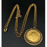 AN 1871 GOLD SOVEREIGN WITH THE YOUNG VICTORIA HEAD SET IN 9K AND ON A 70cms 9K GOLD CHAIN. 18