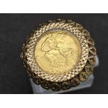 A 1906 22K Gold Half Sovereign Ring. Set in 9K gold. Size O. 10.6g total weight.