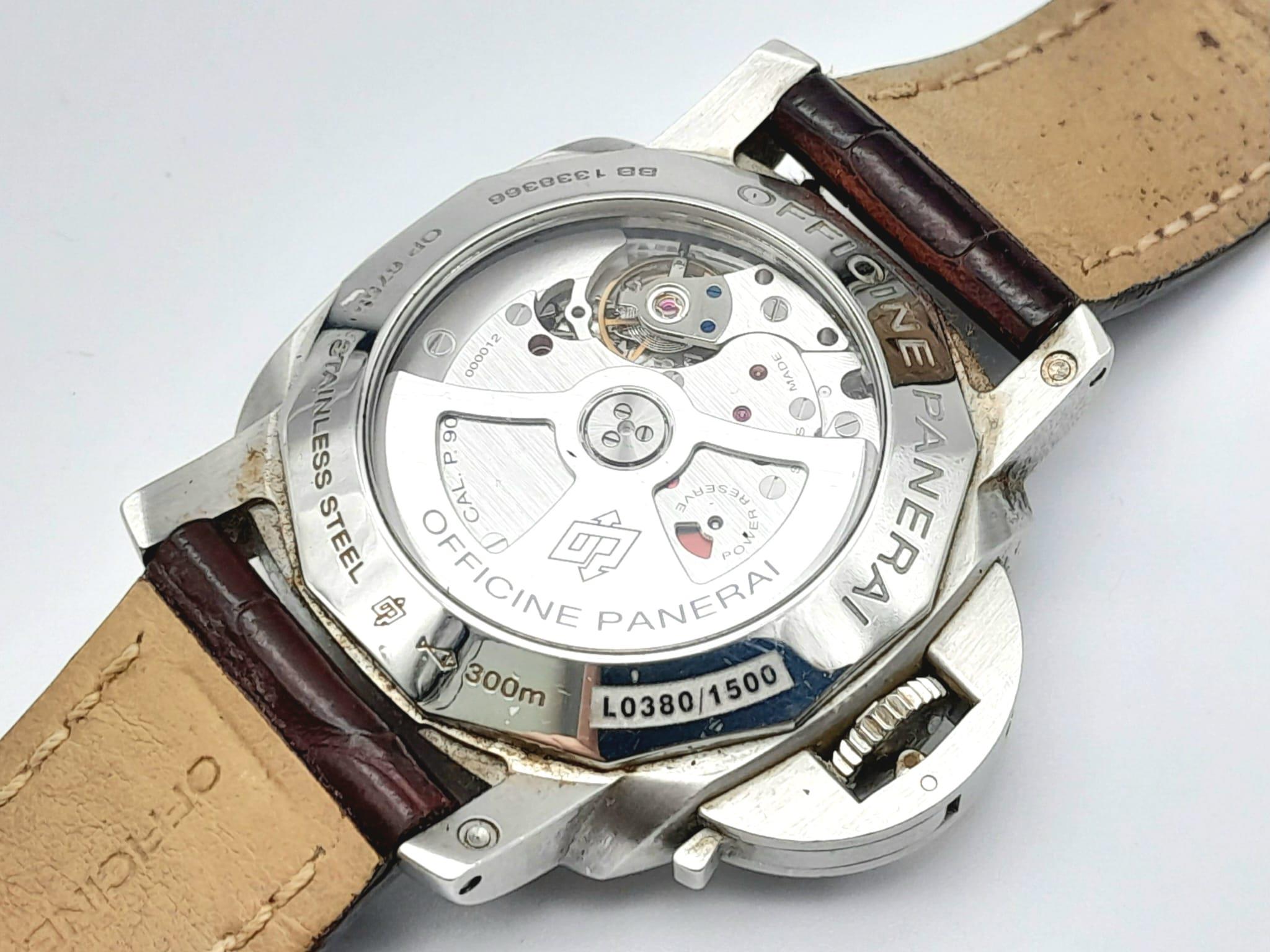 A "PANERAI LUMINOR GMT" WITH SKELETON BACK IN STAINLESS STEEL, A VERY SOUGHT AFTER PRESTIGE WATCH! - Image 11 of 11