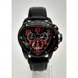 A Lamborghini Chronograph Gents Watch. Black leather strap. Trillion shaped case - 50mm width. Black