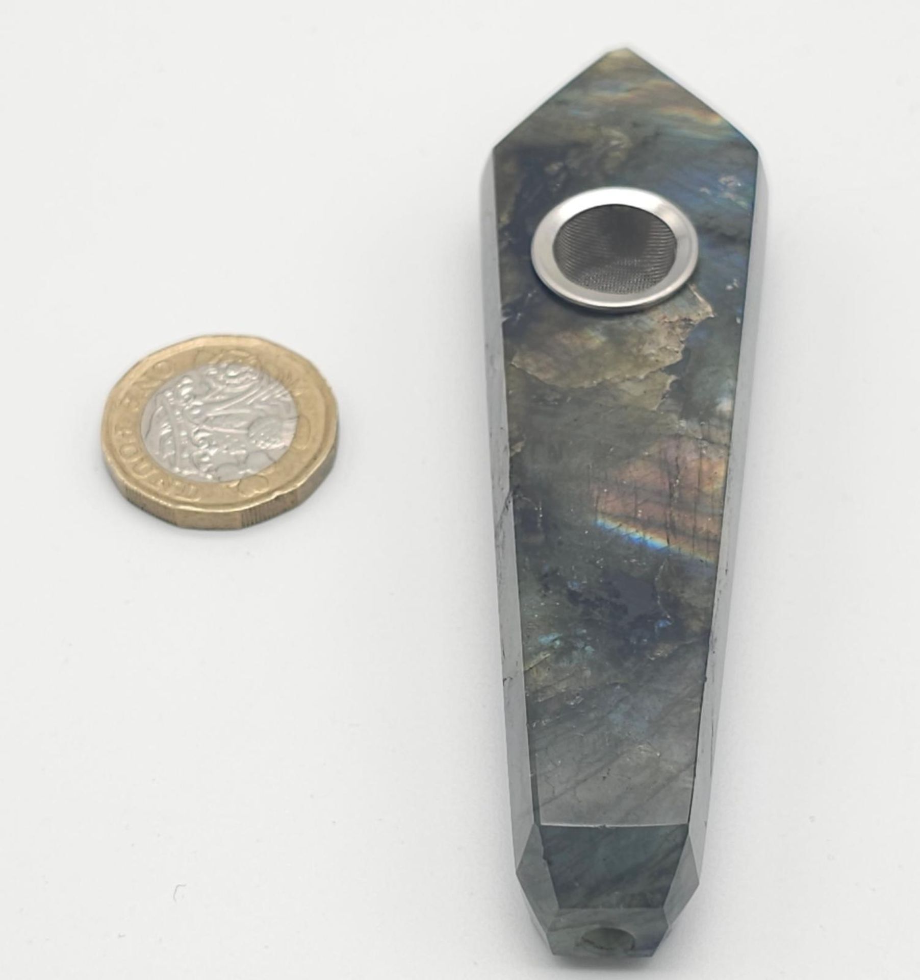 A fancy shaped, labradorite (variety blue flash) smoking pipe. In clean/unused condition with no - Bild 8 aus 9