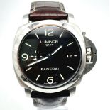 A "PANERAI LUMINOR GMT" WITH SKELETON BACK IN STAINLESS STEEL, A VERY SOUGHT AFTER PRESTIGE WATCH!