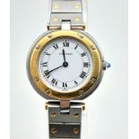 A LADIES "CARTIER"QUARTZ BI-METAL WATCH WITH ROMAN NUMERALS AND CARTIER SCREW FEATURE THROUGH STRAP.