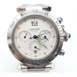 A Cartier de Pasha Chronograph Gents Watch. Stainless steel strap and case - 38mm. White dial with