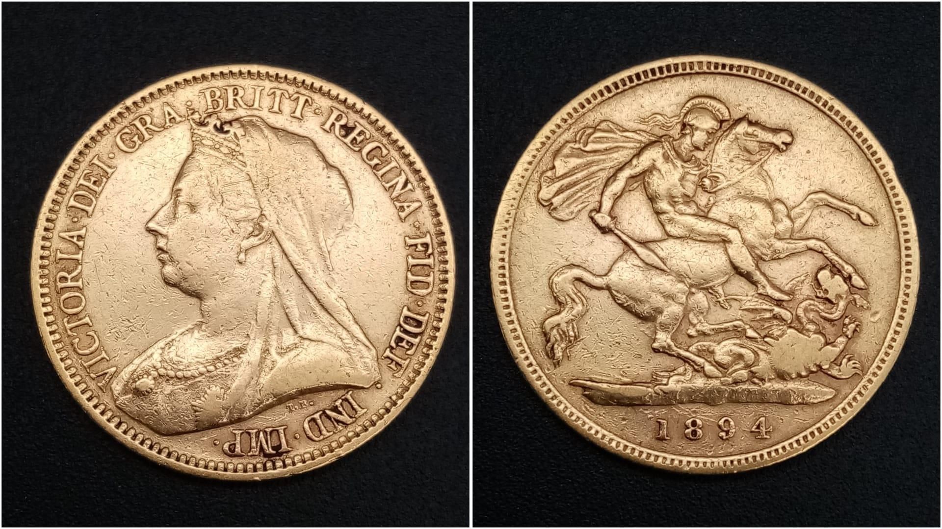 An 1894 Queen Victoria 22K Gold Half Sovereign Coin. VF but please see photos.