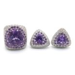 A FABULOUS 18K WHITE GOLD DIAMOND AND AMETHYST RING WITH MATCHING EARRINGS . 35.5gms