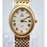 A 14K GOLD LADIES "ARPAS" QUARTZ WRISTWATCH WITH SOLID 14K GOLD STRAP . 18MM X 20MM 25.8GMS IN TOTAL