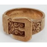 A Vintage 9K Yellow Gold Belt Buckle Design Ring. Size W 1/2. 9.81g