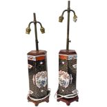 Two Chinoiserie Ceramic Lamp Stands. Modern fittings. Wooden pedestal base. 68cm and 60cm.