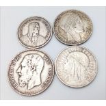 Four European Silver Coins. 1872 Leopold 5 Franc, 1934 20 francs, 1932 10 Polish Zloty and a 1933