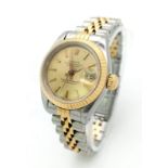 A LADIES BI-METAL ROLEX OYSTER PERPETUAL DATEJUST WITH GOLDTONE DIAL . 26mm THE CLASSIC ROLEX!