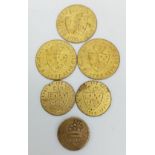 A 1694-1702 William III Brass Guinea Weight, Plus 5 Antique Tokens. Comprising Dates 1797 (x2),