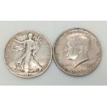 A Parcel of 2 Silver US Coins Comprising: 1) An Extremely Fine Condition 1964 Kennedy Half Dollar, &
