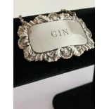 Vintage hallmarked SILVER DECANTER LABEL for GIN. Having attractive repousse style border. Clear