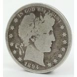 An 1894 US Silver Half Dollar Coin. Philadelphia Mint. Weight 11.76 Grams.