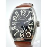 A FRANCK MULLER "CASABLANCA" 8880 SC DT IN STAINLESS STEEL WITH BROWN LEATHER STRAP , AUTOMATIC