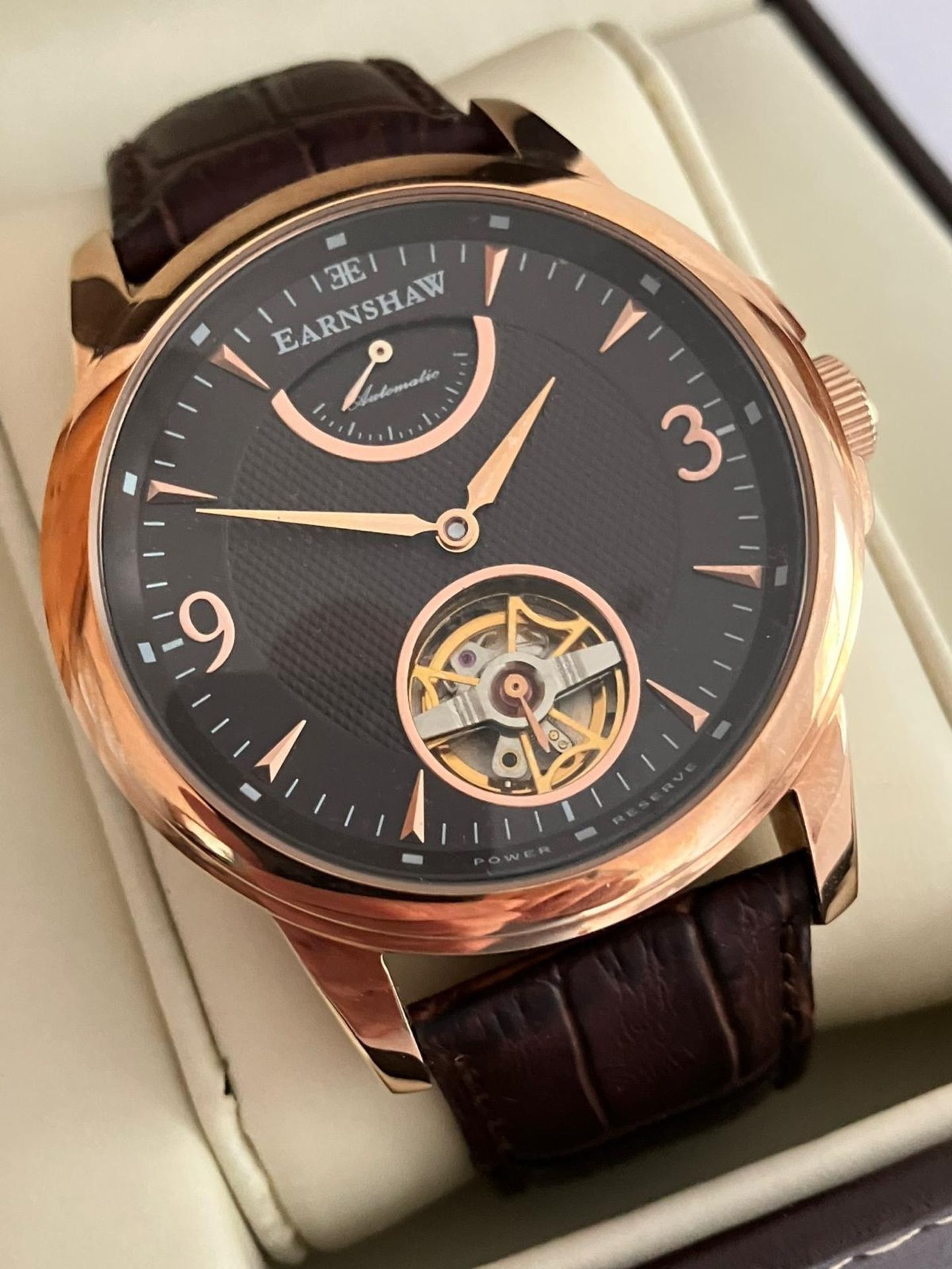 Gentlemans THOMAS EARNSHAW SKELETON WRISTWATCH WB120589. Finished in rose gold tone over stainless