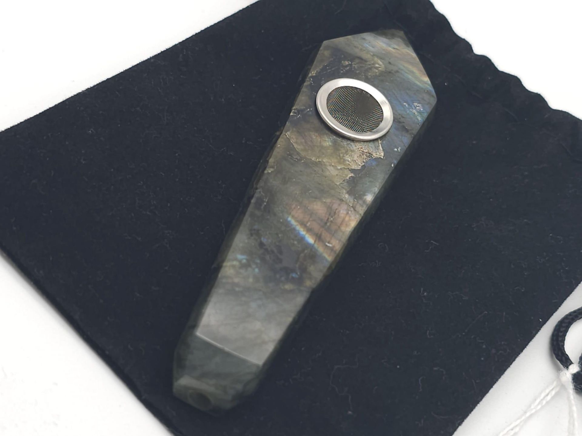 A fancy shaped, labradorite (variety blue flash) smoking pipe. In clean/unused condition with no - Bild 9 aus 9