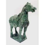 A Chinese Tang Style Hand Carved Green Solid Jade Horse Figure. Stands on a jade platform. 25cm
