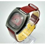 A Rare Vintage Initial 21 Jewel Automatic Jump Watch. Red leather strap. Stainless steel case -