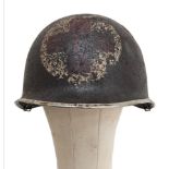 Semi Relic WW2 US Rangers Medic’s M1 Helmet. Early War fixed Bale with front split seam.