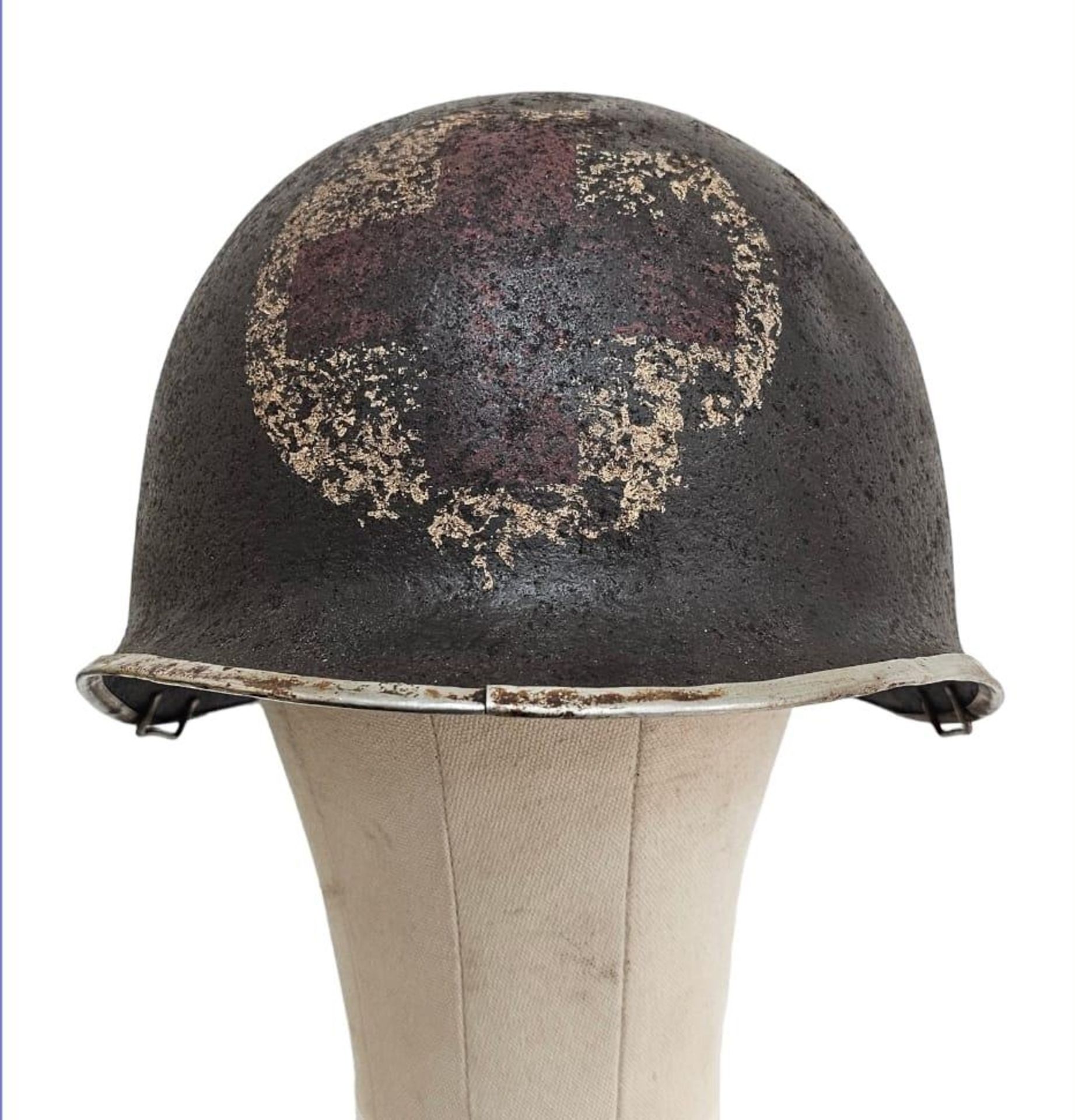 Semi Relic WW2 US Rangers Medic’s M1 Helmet. Early War fixed Bale with front split seam.