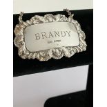 Vintage SILVER DECANTER LABEL for BRANDY,clear hallmark for John Rose, Birmingham 1971. Having