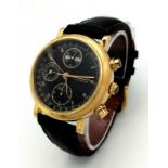 A BUCHERER 18K GOLD CHRONOGRAPH WITH MOONPHASE AND 3 SUBDIALS , AUTOMATIC MOVEMENT ON BLACK