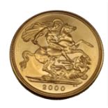 A 2000 Queen Elizabeth 22K Gold Full Sovereign Coin. Uncirculated. Comes in original case.