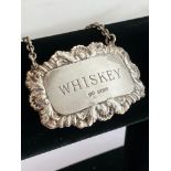 Vintage SILVER DECANTER LABEL for WHISKEY, With clear hallmark for John Rose, Birmingham 1971.