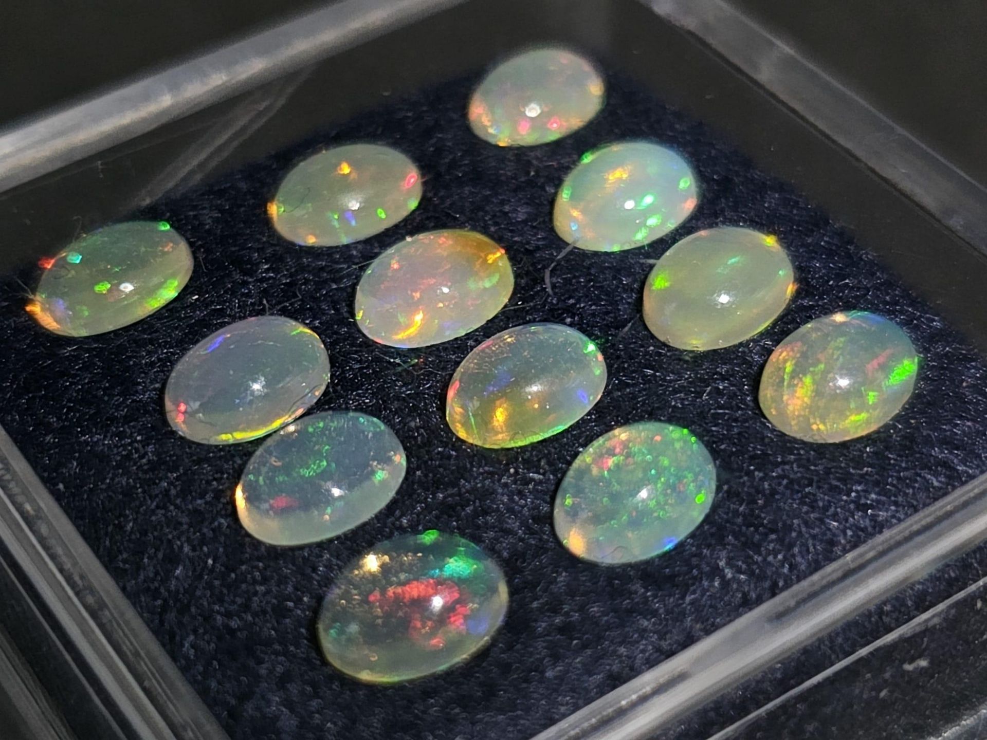 A group of twelve Australian OPAL oval cabochons, each 7 x 5 x 3 mm. Excellent iridescent hues.