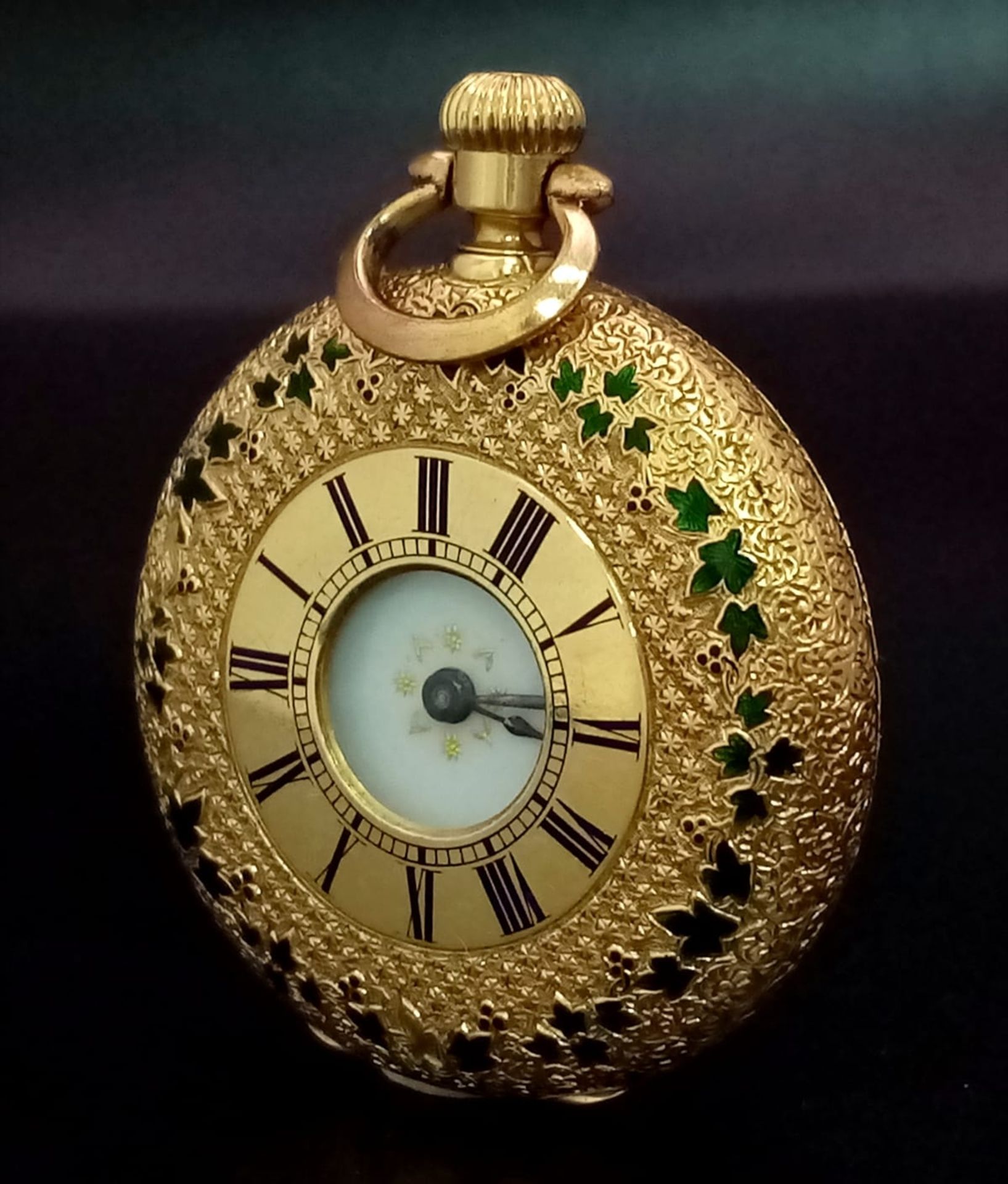 An 18K Gold Half Hunter Pocket Watch with green enamel foilage decoration. 35mm diameter, white dial - Image 3 of 11