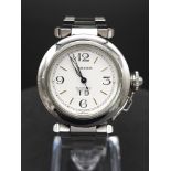 A MID SIZED CARTIER PASHA DATE WATCH WITH GLOW IN THE DARK HANDS . 36mm UNISEX MODEL