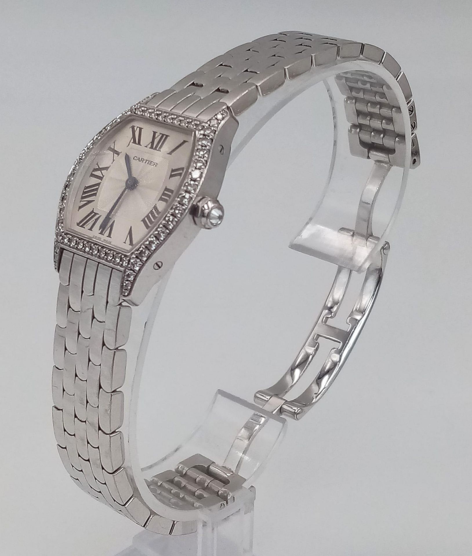 A Cartier Tortue 18K White Gold and Diamonds Ladies Watch. 18k white gold bracelet and case - 30mm x - Image 8 of 23