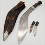 A Vintage Indian Kukri Knife, White Metal & Wood Inlaid Handle. Leather Scabbard with both Side