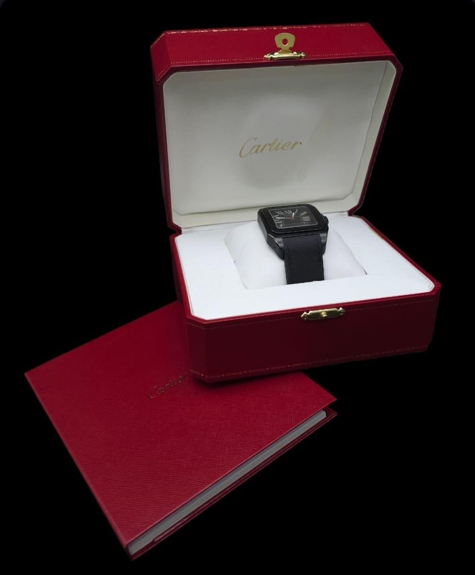 A Stylish Cartier Santos 100 Automatic Gents Watch. Leather and textile strap. Black stainless steel - Image 12 of 12