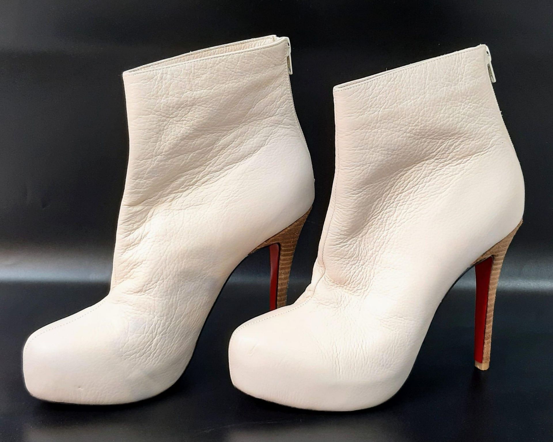 A Pair of Preloved Christian Louboutin Platform Ankle Boots, White leather with Wooden Heel, UK