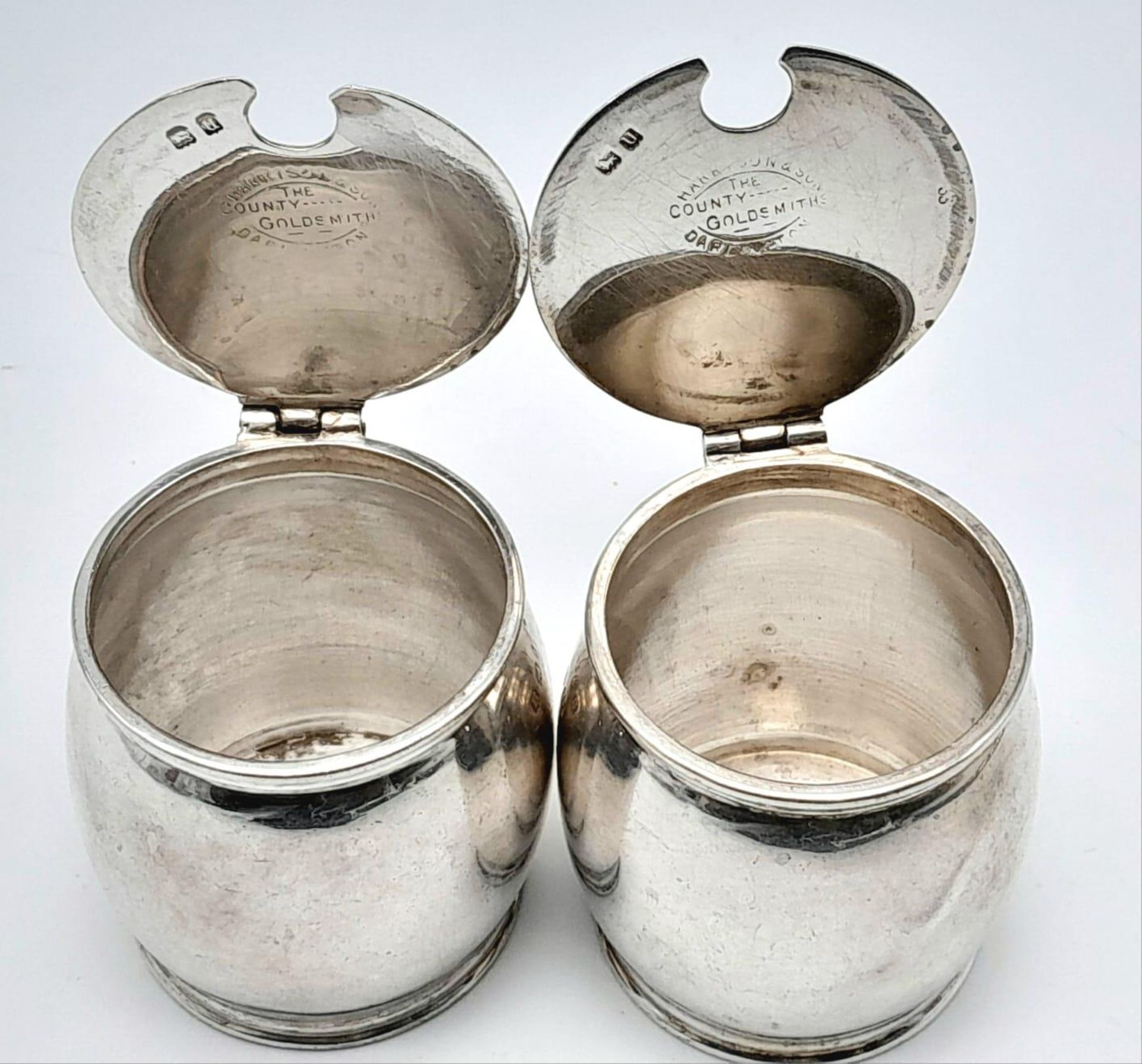 An antique pair of silver condiment set ( missing glass ). Full hallmark Birmingham, sterling - Image 7 of 9