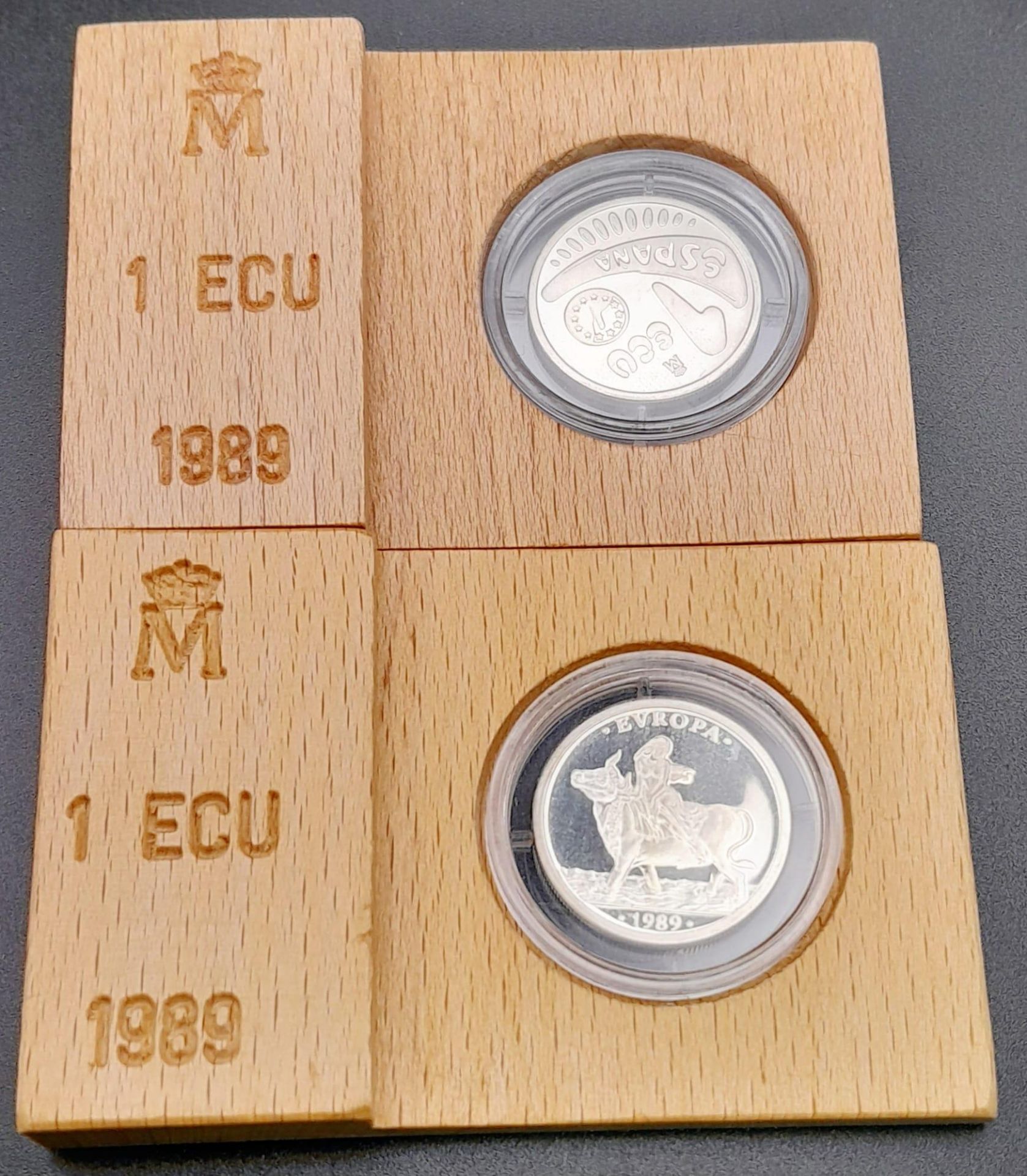 Two Uncirculated 925 Silver 1 ECU Coins in Capsules with Certificate of Authenticity in Wood Display - Image 2 of 3