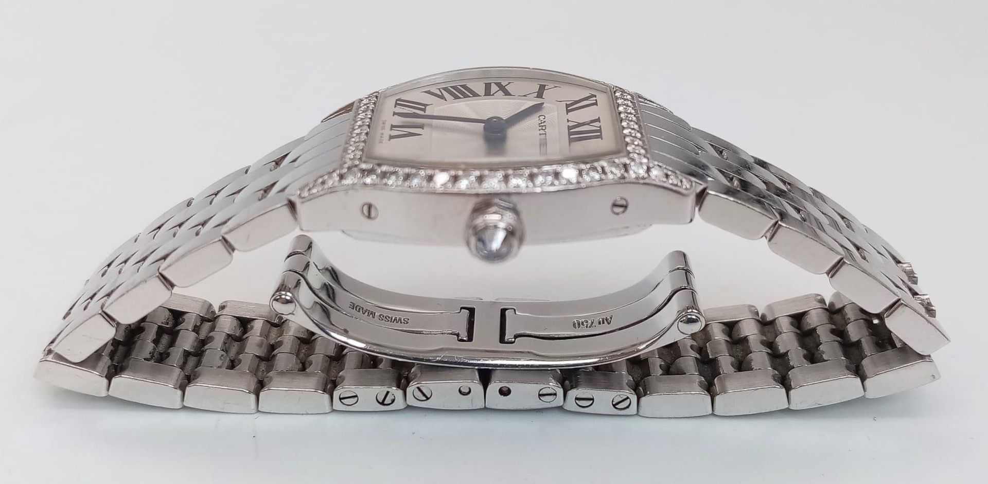A Cartier Tortue 18K White Gold and Diamonds Ladies Watch. 18k white gold bracelet and case - 30mm x - Image 7 of 23