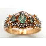 14K YELLOW GOLD DIAMOND & GREEN TOPAZ FANCY RING. TOTAL WEIGHT 4.3G. SIZE O