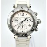 A Pasha de Cartier Ladies Chronograph Watch. White rubber bracelet. Stainless steel case - 37mm.