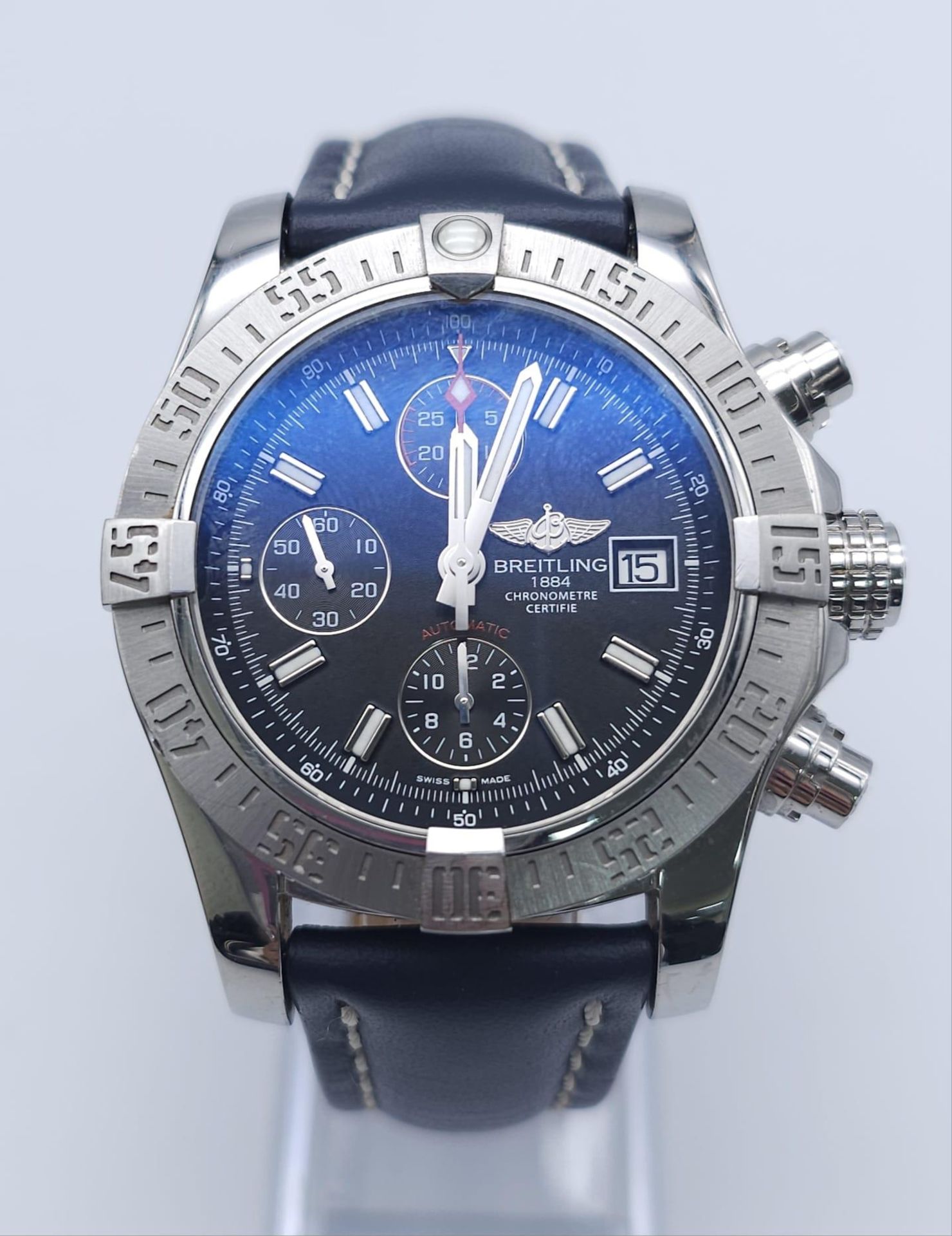 A Breitling Automatic Chronograph Avenger II Gents Watch. Blue leather strap. Stainless steel case -