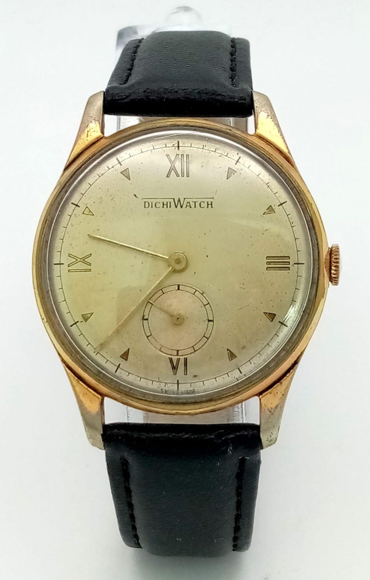 A Vintage Dichi Gents Mechanical Watch. Black leather strap. Stainless steel gilded case - 35mm. - Image 2 of 5