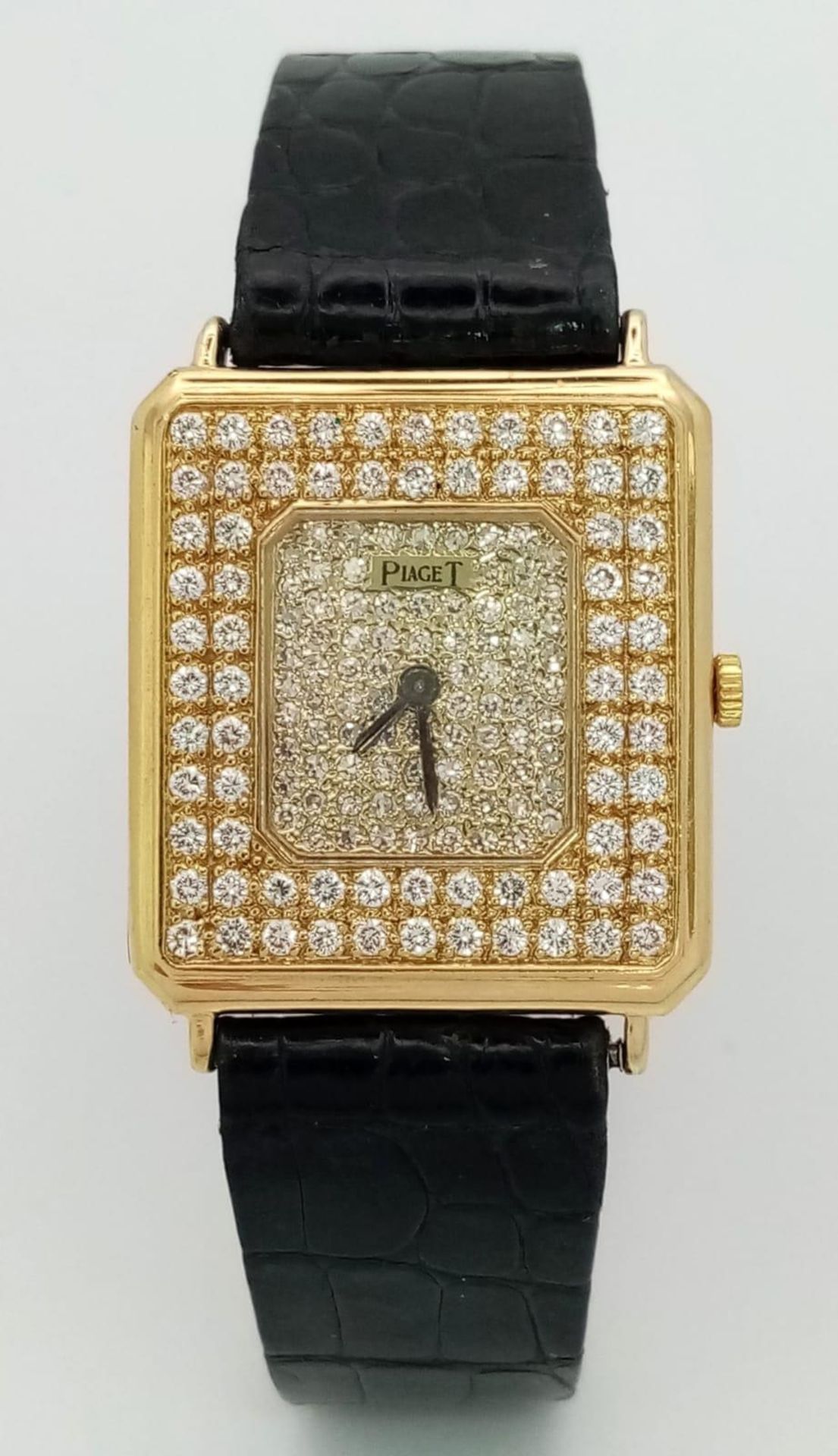 A Piaget 18K Yellow Gold and Diamond Encrusted Ladies Dress Watch. Black leather strap with Piaget - Image 10 of 27