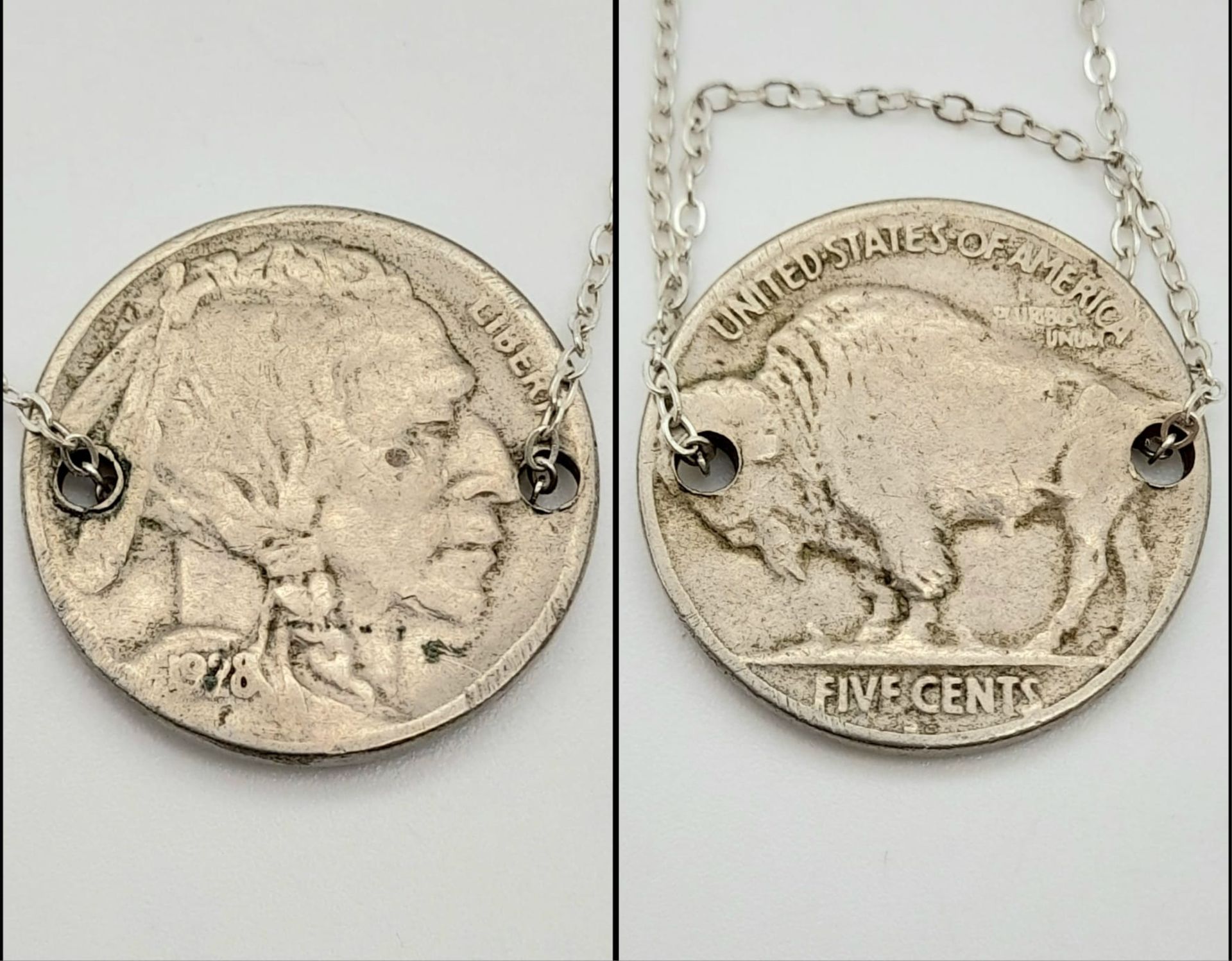 A Vintage 1928 Indian Buffalo Head US 5 Cent Coin Necklace on 46cm Sterling Silver Chain - Image 2 of 7